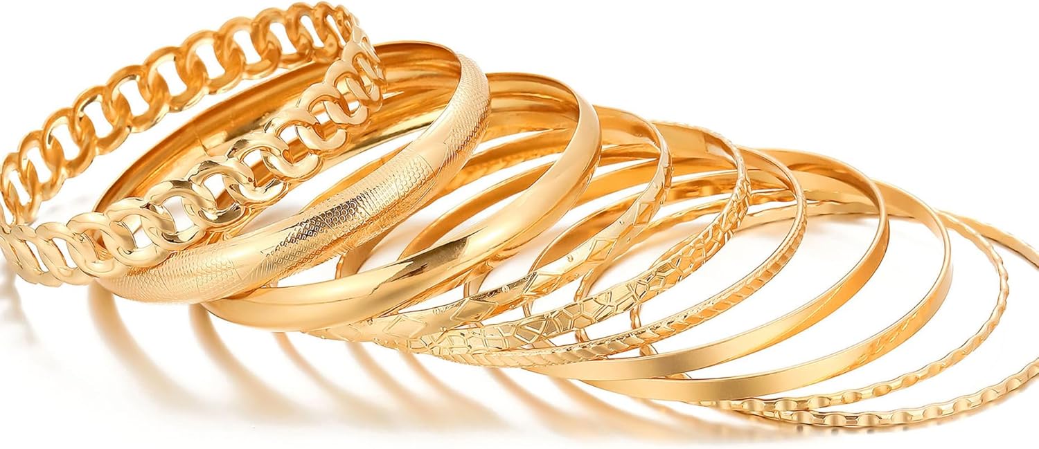 Gold Bangle Bracelets, 14K Gold Plated, Yellow Gold, Women's, Stackable Set, Adult, Medium, 20 Grams, 2 Inches - Image 8