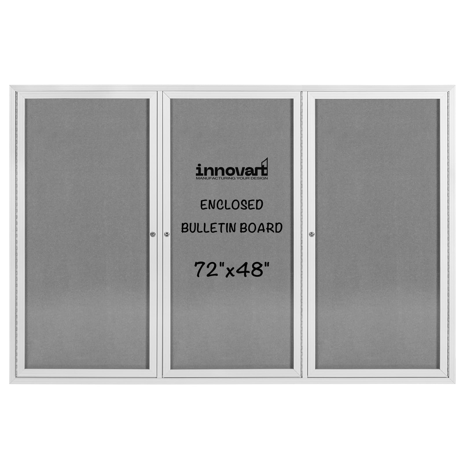 Photo 1 of INNOVART Enclosed Bulletin Board 72” x 48”, Lockable Fabric Noticeboard with Aluminum Frame, Wall Display Case with 3 Swing-Open Doors Grey Felt, Information Cabinet for School, Office, Commercial