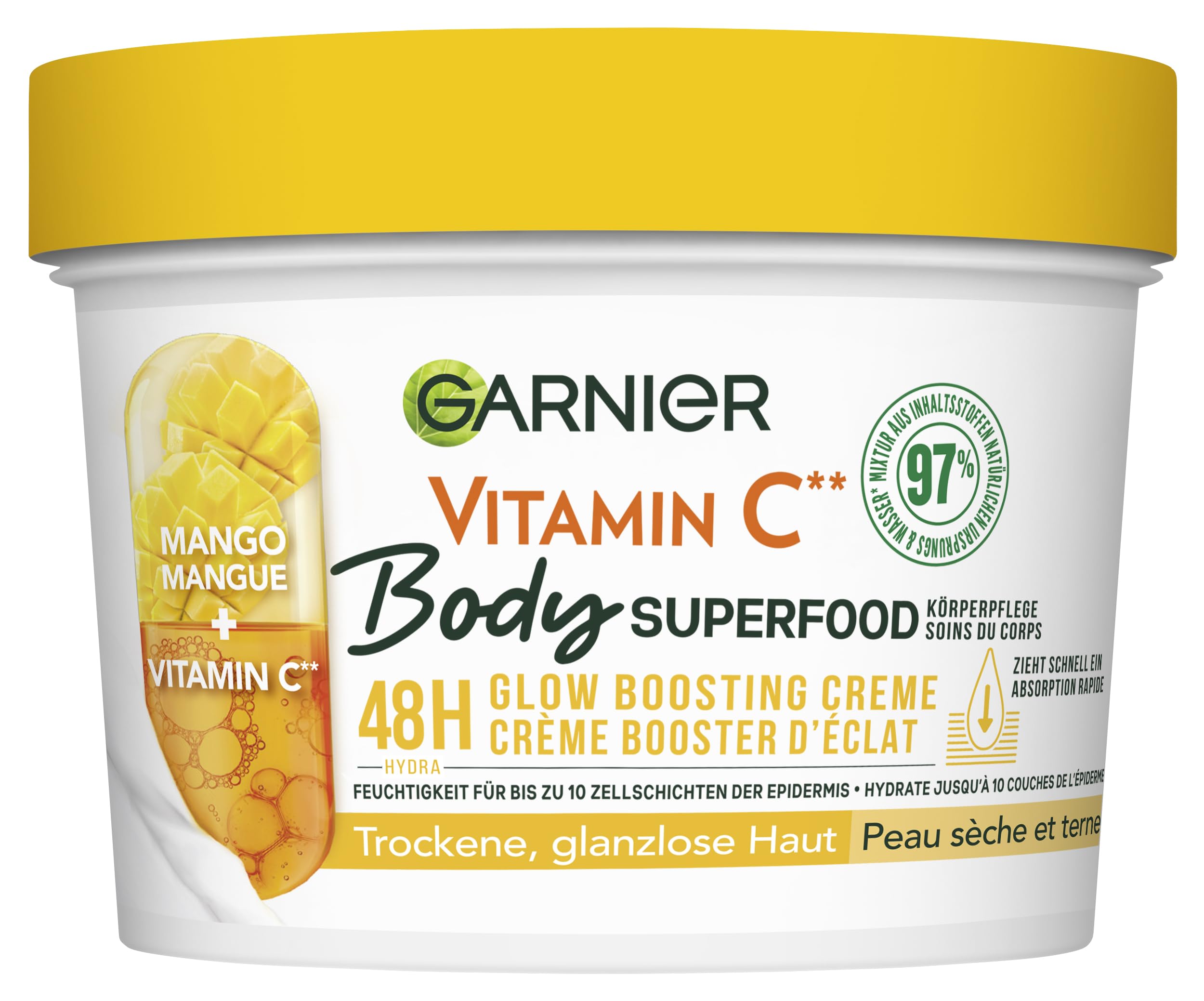 Garnier Odżywcza pielęgnacja ciała do suchej i matowej skóry, masło do ciała z mango i witaminą C, do 48 godzin nawodnienia, 1 x 380 ml