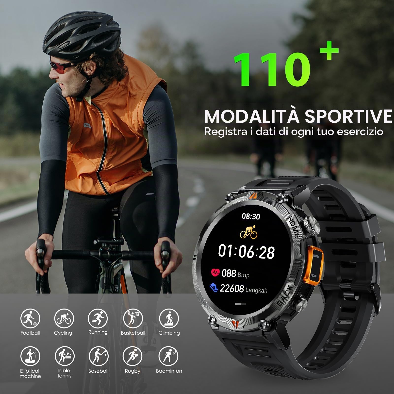 Smartwatch Militare Uomo Orologio Impermeabile 3ATM con Torcia LED | 1,45" HD Rugged Smartwatch Militare con Chiamate, Orologio Fitness con 110+ Modalità Sport Notifiche WhatsApp per Android iOS