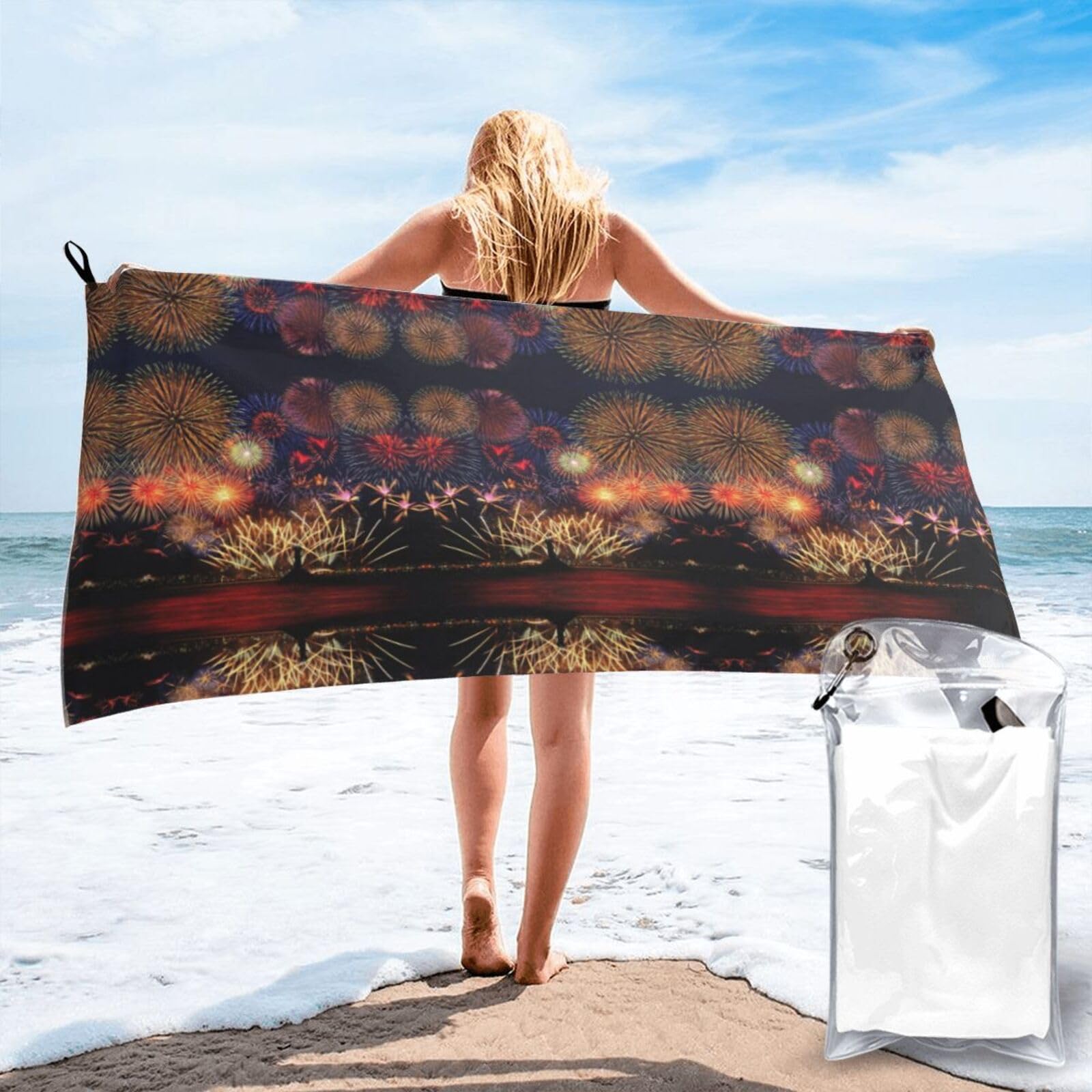 WYCZHY Fireworks Print Beach Towel Soft Quick Dry For Spa Pool Gym Vacation Travelers Women Men Adults Sauna Gift