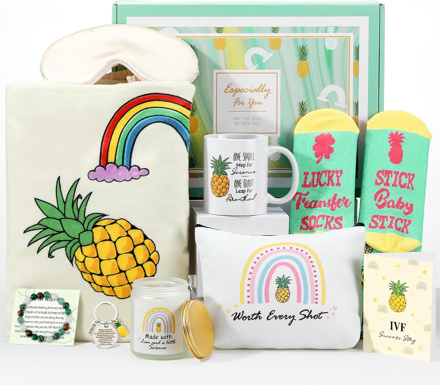 Skylety 10 Pcs IVF Gifts for Women Fertility Basket Include IVF Socks Pineapple Gift Bracelet 50x60 Inch Flannel Blanket Mug Scented Candle Cosmetic Bag Satin Eye Mask and Keychain Set