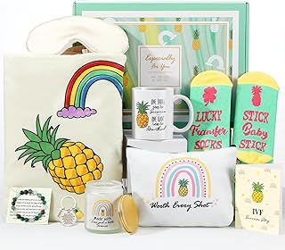 Skylety 10 Pcs IVF Gifts for Women Fertility Basket Include IVF Socks Pineapple Gift Bracelet 50x60 Inch Flannel Blanket Mug Scented Candle Cosmetic Bag Satin Eye Mask and Keychain Set