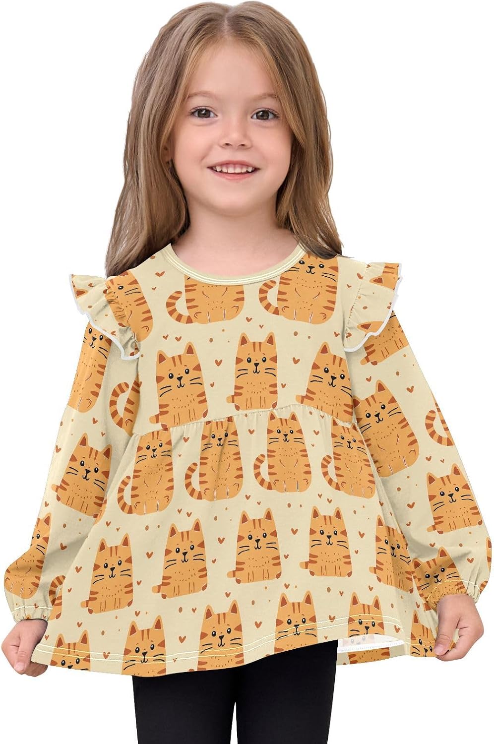 visesunny Toddler Clothes for Girls Cartoon Heart Orange Cat Long Sleeve Fall Shirts Cotton Top with Ruffle Collar