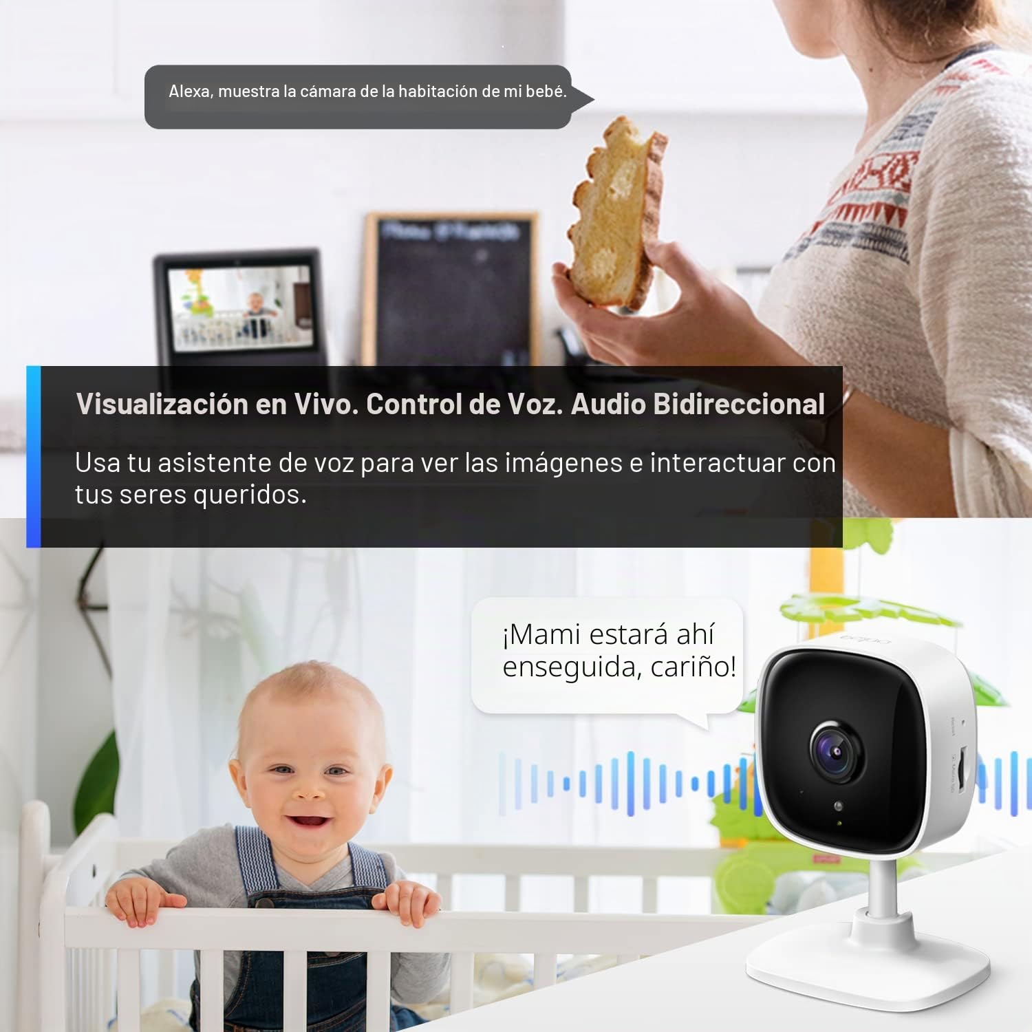Tapo TP-Link - Cámara de Seguridad 2K para Monitor de bebé, cámara de Perro con detección de Movimiento, Sirena de Audio de 2 vías, visión Nocturna, Almacenamiento en la Nube y Tarjeta SD, Funciona
