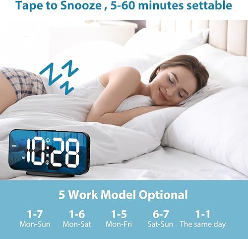 Miniatura 5 de ALANAS Reloj despertador digital con doble alarma, espejo LED reloj despertador para dormitorio para niños, brillo ajustable, repetición, 2 puertos