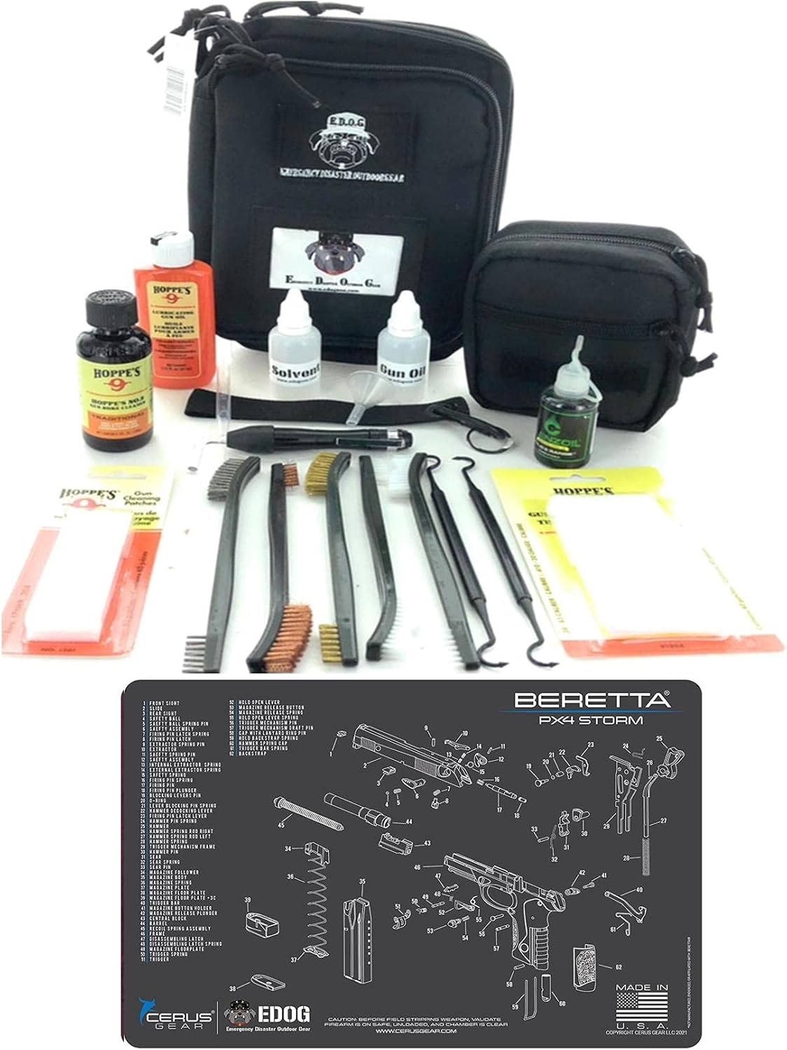 RangeMaster Elite EDC Bag Gun Cleaning Kit- Compatible for Beretta PX4 - Schematic Mat (Exploded View) with Hoppes Gun Oil No.9 Solvent & Patches Clenzoil CLP 10 Pc Cleaning Accessories Set
