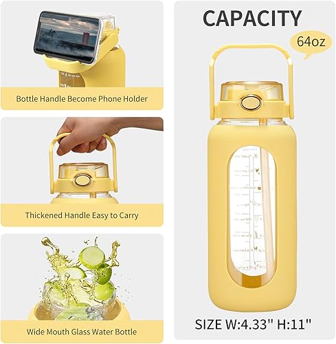 Miniatura 4 de chunmo Pernos de agua de vidrio de 64 onzas con pajilla, botella de agua motivacional grande de medio galón con marcador de tiempo, botellas de agua