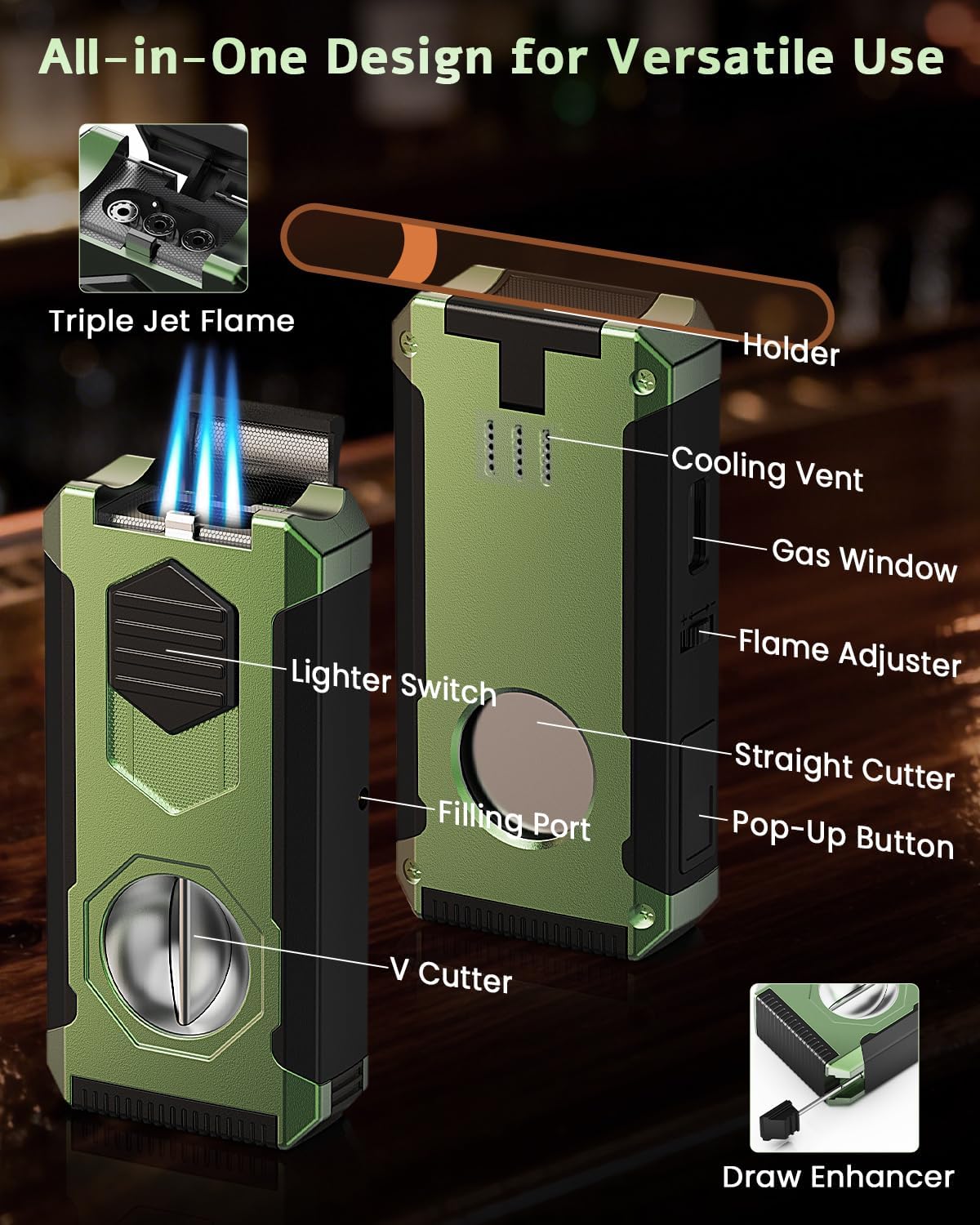5-in-1 Torch Lighter with Triple Windproof Flame, V Cutter & Straight Cutter, Draw Enhancer Tool and Holder, Refillable Butane Torch Lighter in Gift Box for Men, All-in-one Cool Lighters for Candles