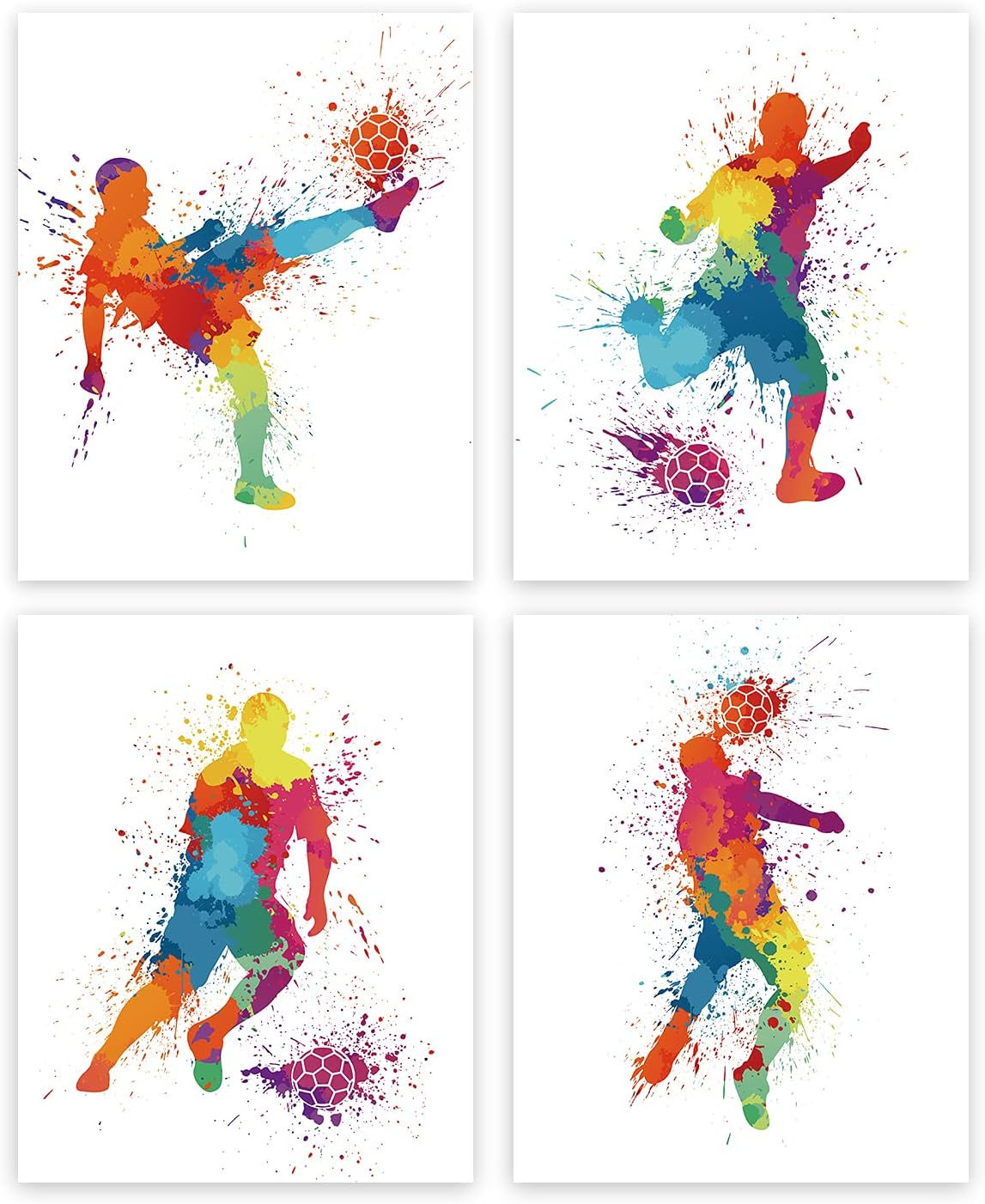 Football Art Print,Watercolor Soccer Player Art Picture Poster,Set of 4 (8" X 10") Football Pictures Canvas,Abstract Sport Wall Art Picture For Boys Teens Room Living Room Children Dorm Decor Unframed