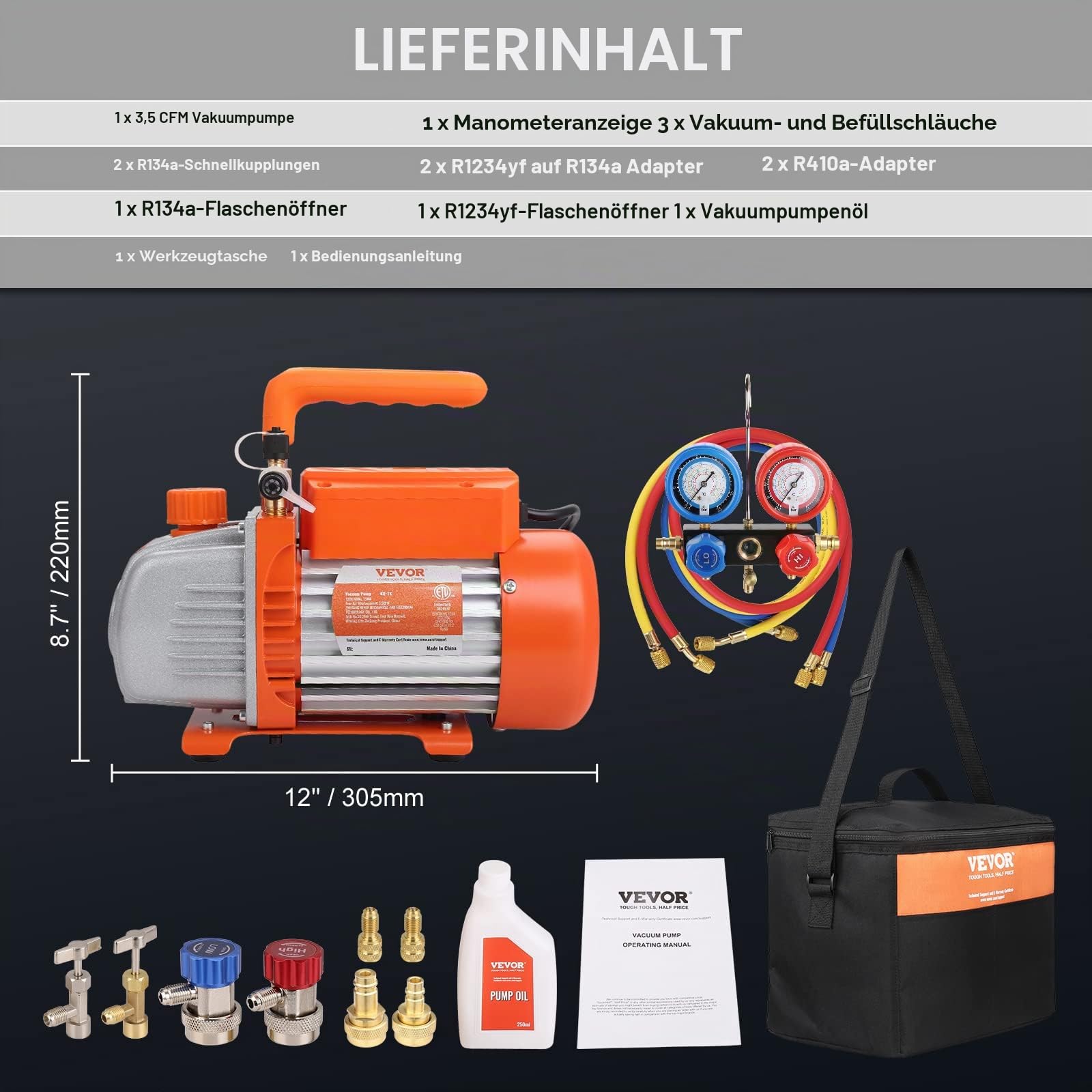 VEVOR Vakuumpumpe 100L/min Unterdruckpumpe A2L-explosionsgeschützt 150W 220V/50HZ 1440U/min 55-276bar 250ml-Ölkapazität HVAC-Vakuumgeräte Verteiler-Manometer-Set Klimaanlage Kfz-Kühlsystemen