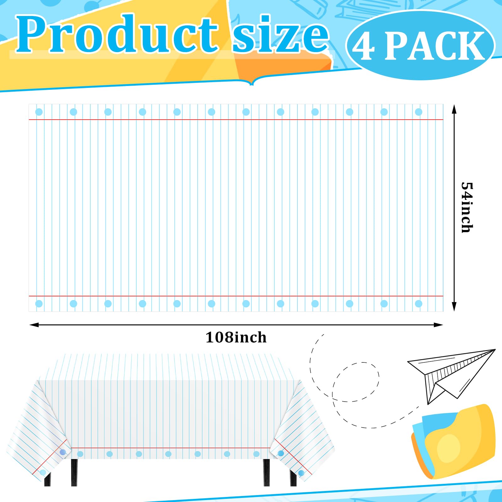 Oudain 4 Pcs Preschool Kindergarten Back to School Party Tablecloth First Day to School 54 x 108 Inch Large Disposable Rectangle Notebook Tablecloth Cover for Party Supplies Table Decorations