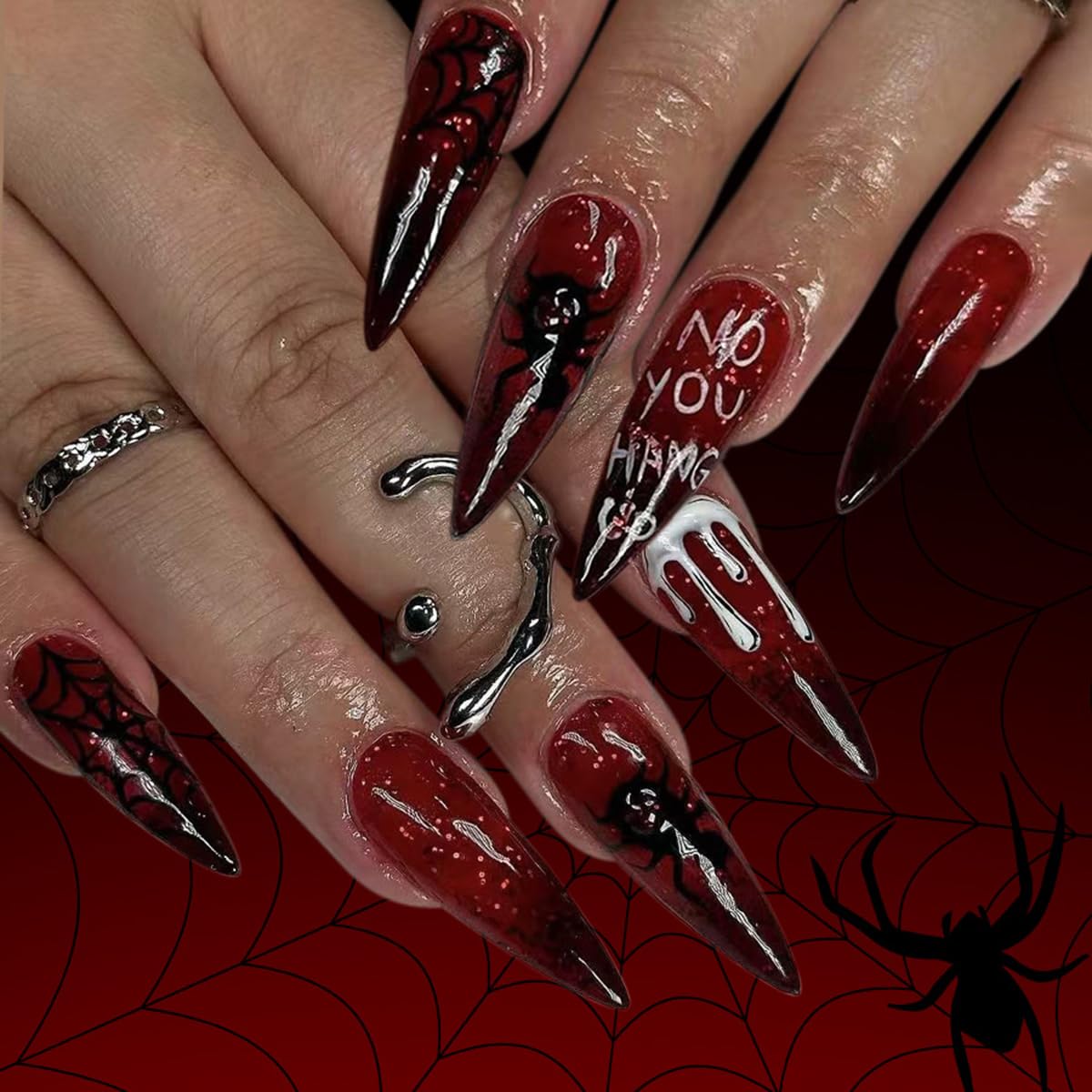 24pcs halloween press on nails medium almond qunqinli fake nails with spider web designs wine red false nails red ombre stick on nails glossy acrylic nail art kit for women