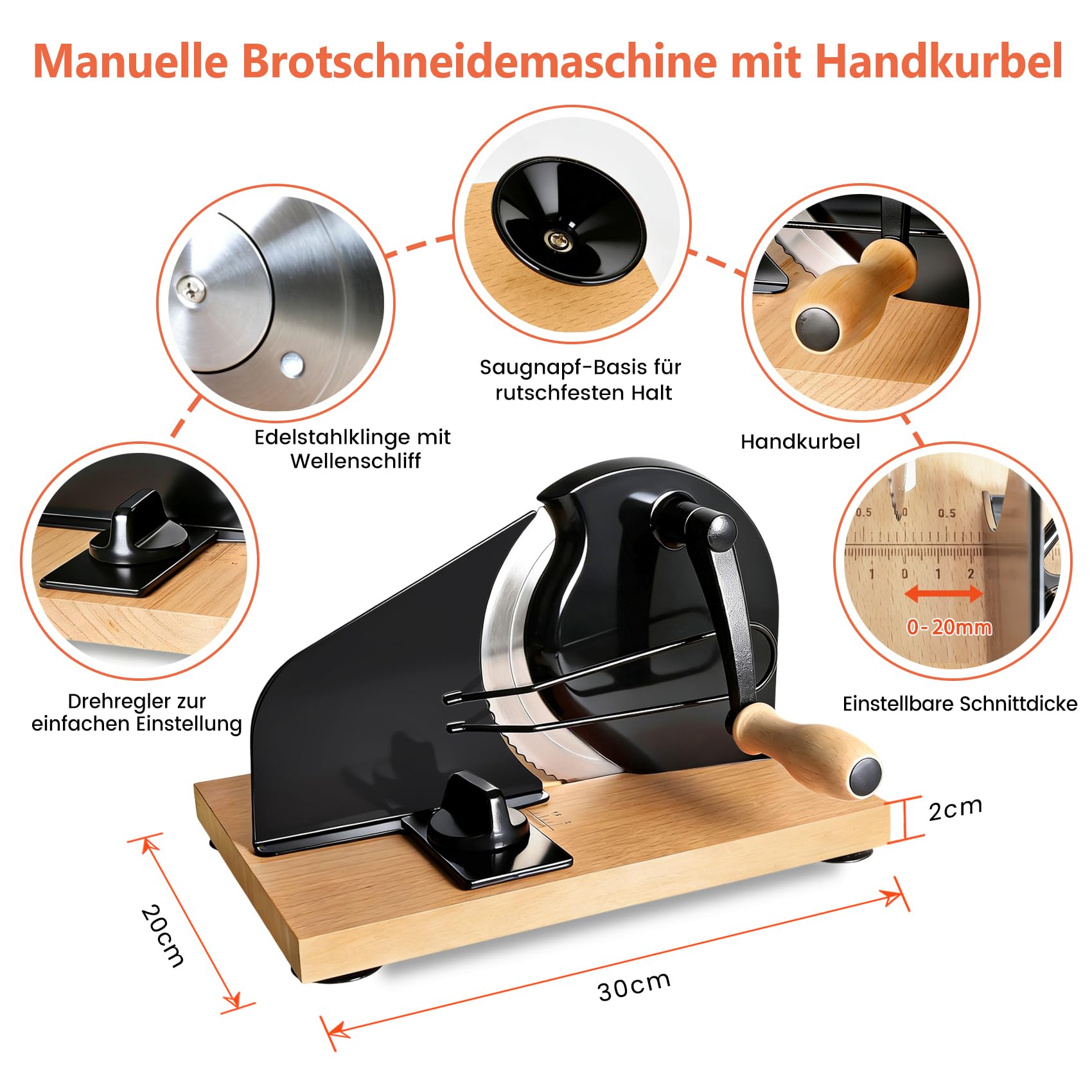 Manuelle Brotschneidemaschine mit Handkurbel | Scheibendicke stufenlos wählbar 1–20 mm | Edelstahlklinge mit Wellenschliff | Rutschfeste Saugnäpfe | Für Sauerteig, Roggen, Toast & Baguette