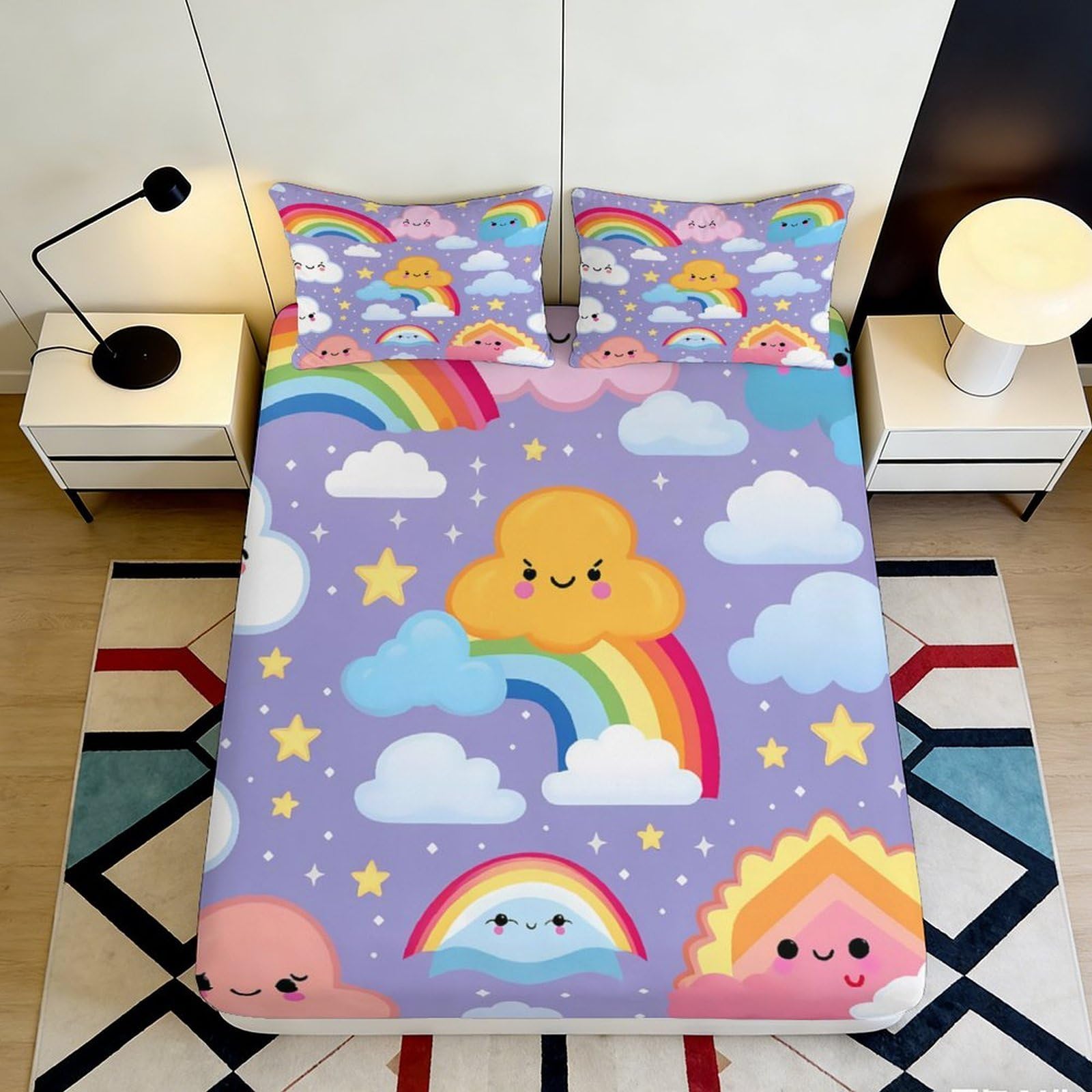 3D Printed Cute Rainbow Cloud Fitted Sheet Microfiber Soft Pastel Cartoon Sun Mattress Cover Bedroom Decor 90x200x25cm