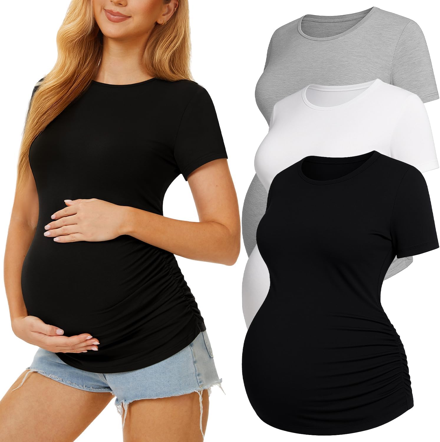 3 Pack Womens Maternity Shirts - Crew Neck Maternity Top Short Sleeve Pregnancy Tee...