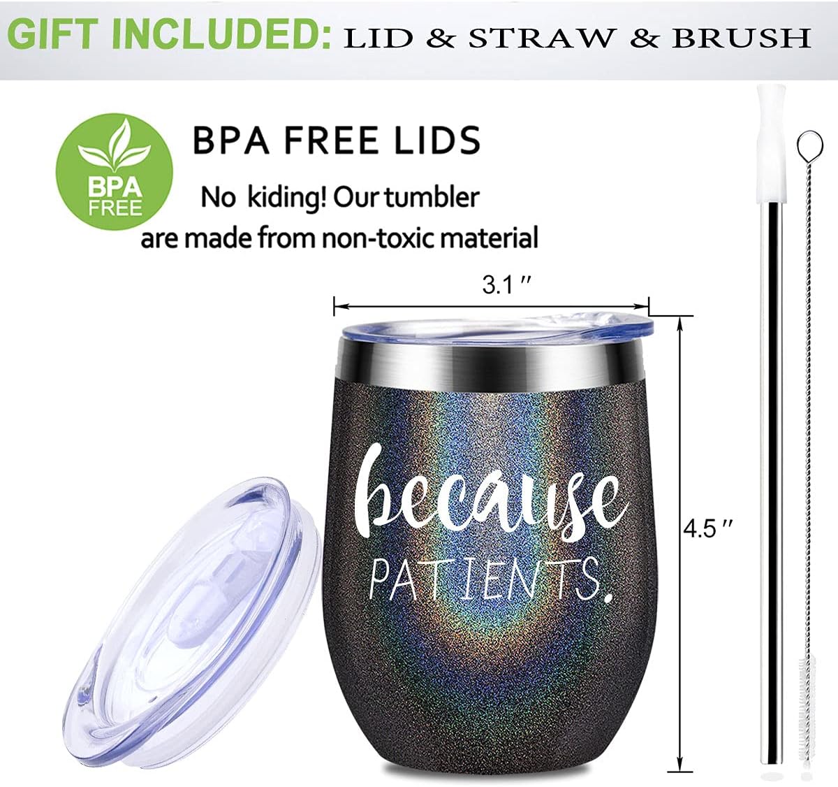 Uр Tо 40% оƒƒ Because Patients 12oz Stainless Steel Wine Tumbler with Lid and Straw, Unique Gift Idea for Dentist, Hygienist, Doctor, Physician, Nurse - Perfect Birthday and Graduation Gifts for Men or Women …