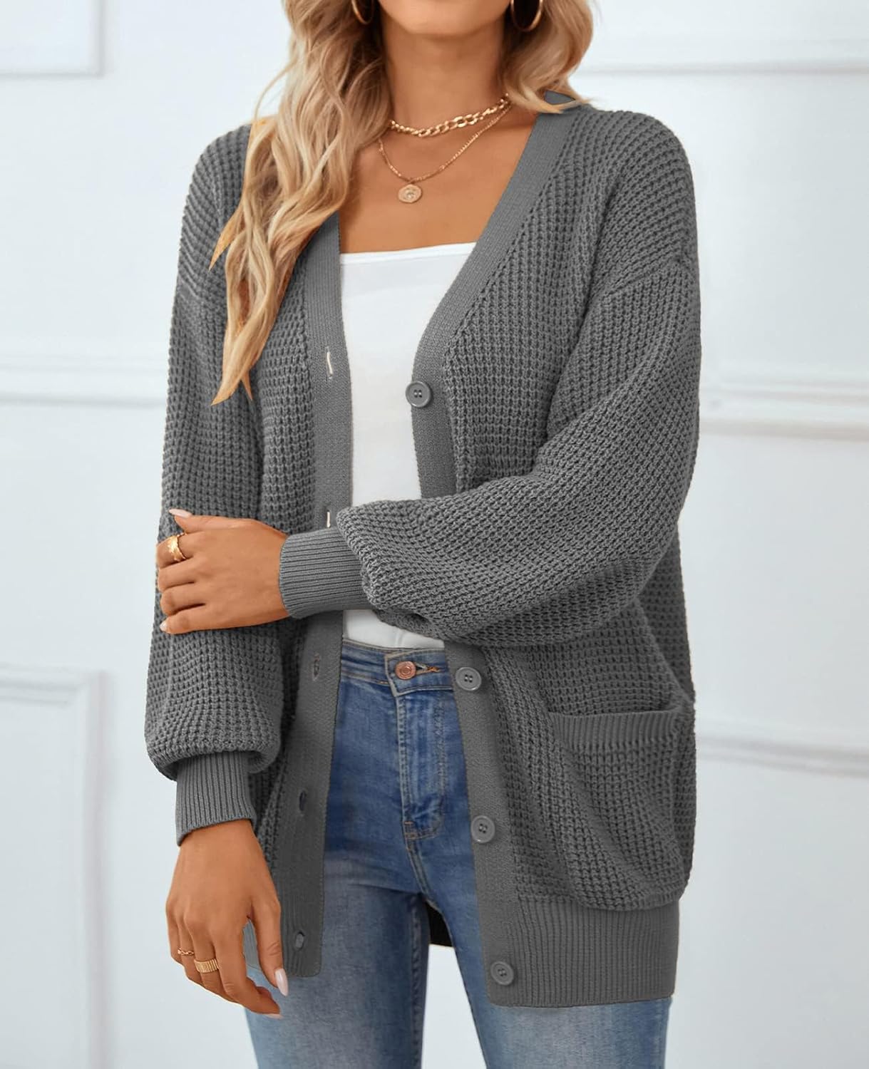 QUALFORT Cardigan Sweaters for Women 100% Cotton Button-Down Oversized Knit Cardigans with Pockets for Fall Winter Trendy - Image 3