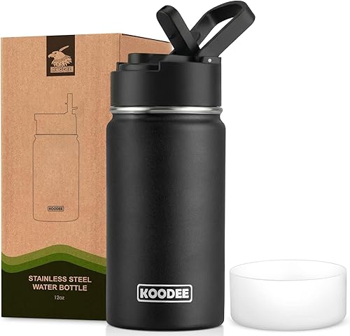 Miniatura 54 de koodee Botella de agua de 16 onzas de acero inoxidable de doble pared aislada al vacío, botella de agua de boca ancha con tapa de popote a prueba de