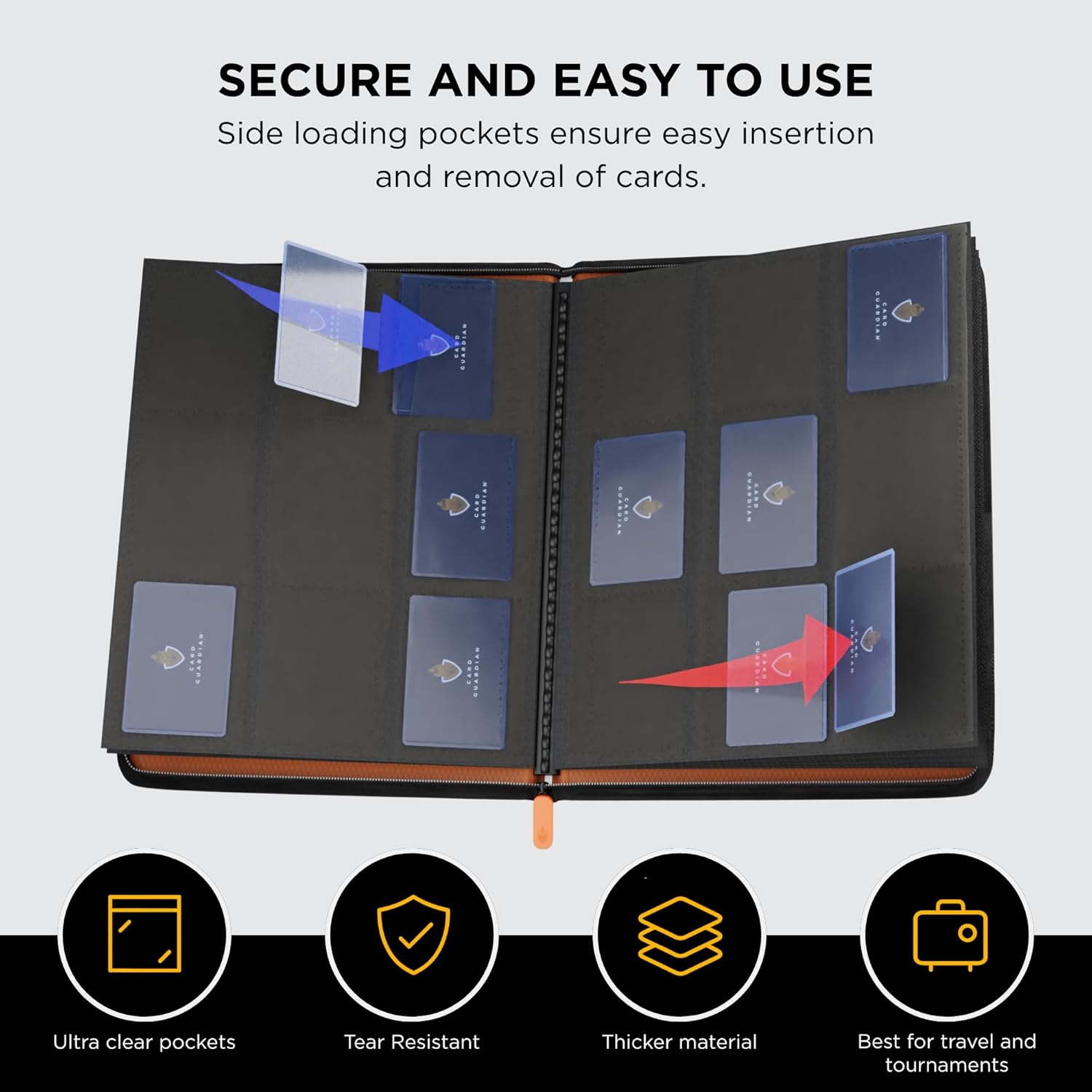 Card Guardian - 9 Pocket Premium Binder with Zipper for 360 Cards Trading Card Games TCG (Orange) Perfect Card Binder for Yugioh Cards MTG Binder Sports Card Binder