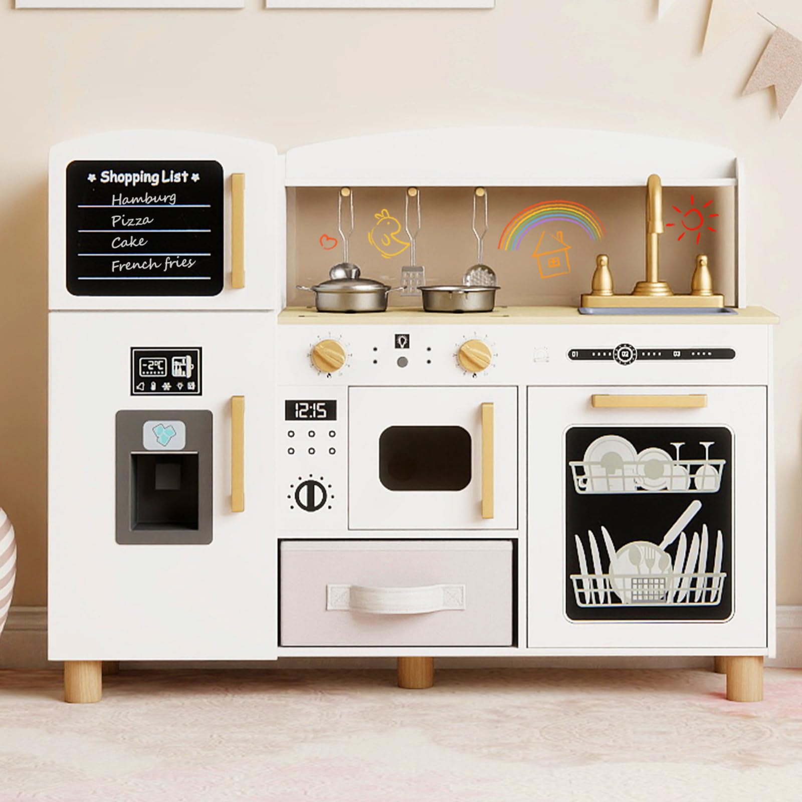 Maxmass Kids Toy Kitchen Playset, Wooden Children Pretend Kitchens with Ice Maker, Sink, Blackboard, Acrylic Board, Utensils, Toddler Play Kitchen Role Play Cooking Set for 3+ Years Old (White)