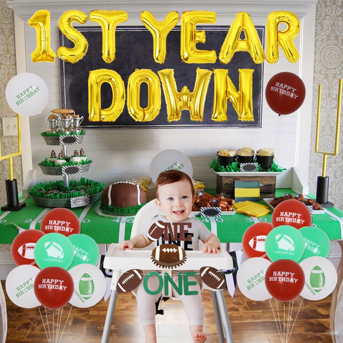 First Year Down Football Decorations for Boys Football 1st Birthday Photo Backdrop Football One Highchair Banner Cake Topper for Sports Ball Party