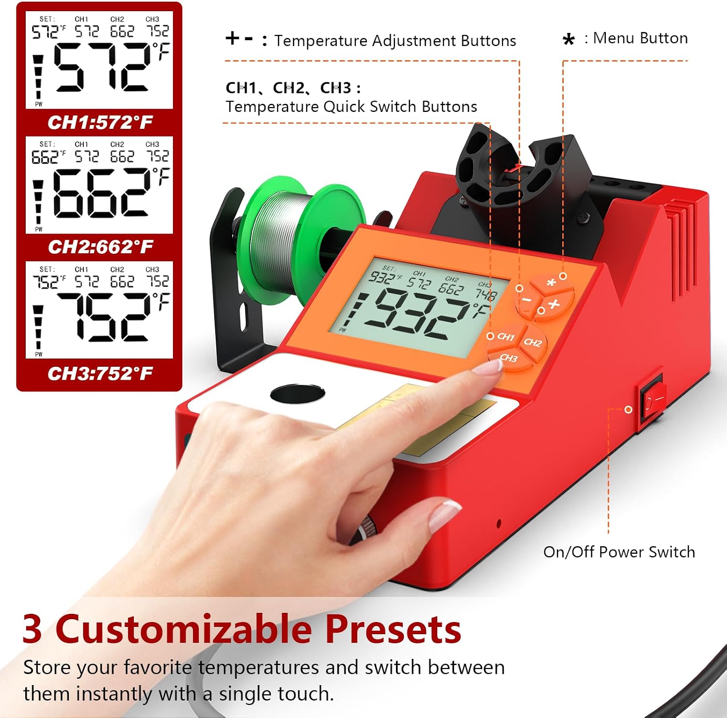 Soldering Station, Digital Display Soldering Iron Station Kit with 2 Helping Hands, 356°F-932°F, Auto Sleep, °C/°F Conversion, Red