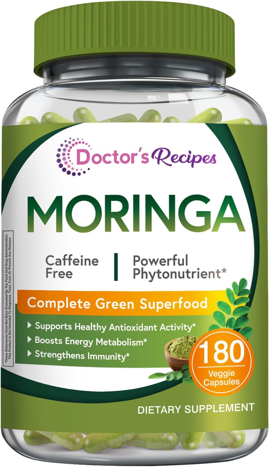 Moringa, Complete Green Superfood, Natural Antioxidant Support, Non-GMO, 180 Vegan Caps, No Caffeine Soy Gluten