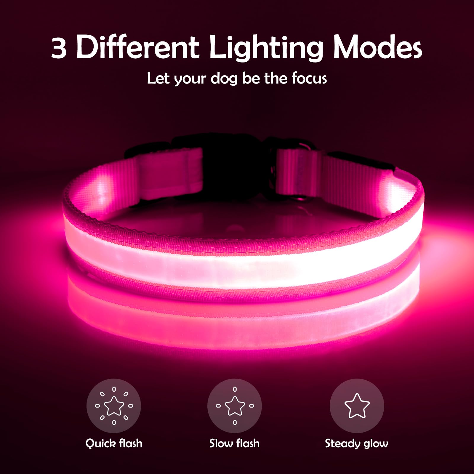 Vizpet Collar de perro con luz LED, ajustable, recargable por USB, súper brillante, luz de seguridad brillante para perros (mediano, rosa)