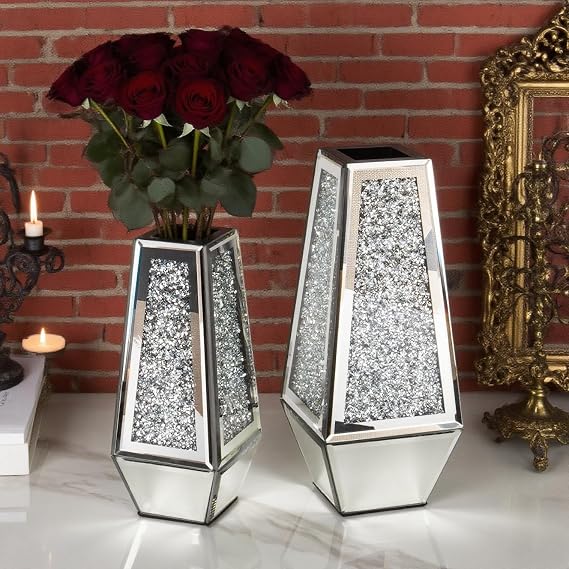 SHYFOY Silver Crushed Diamond Mirrored Vases Set of 2, Can't Hold Water