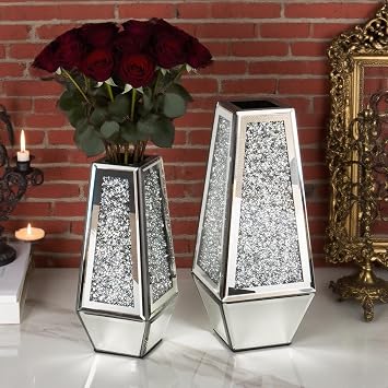 SHYFOY Silver Crushed Diamond Mirrored Vases Set of 2, Can't Hold Water