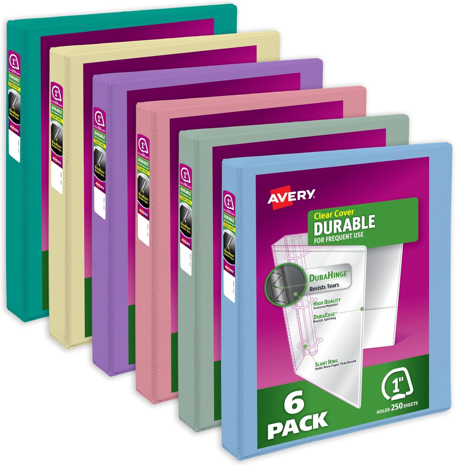 Avery Durable View 3 Ring Binders, 1 Inch Slant Rings, 250-Sheet Capacity, Assorted Pastel Colors, 6-Pack (05632) – for School, Office, Teachers, Classrooms & Home Organization