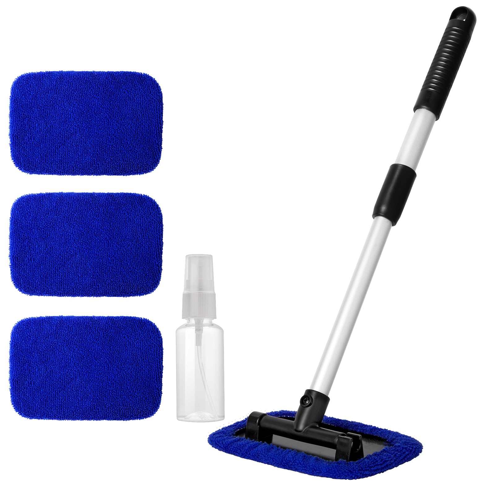 11pcs Windshield Cleaner Tool, Car Window Cleaning Wash Kit with 6 Reusable Microfiber Pads 2 Spray Bottles and Extendable Handles Auto Glass Wiper Kit, Blue