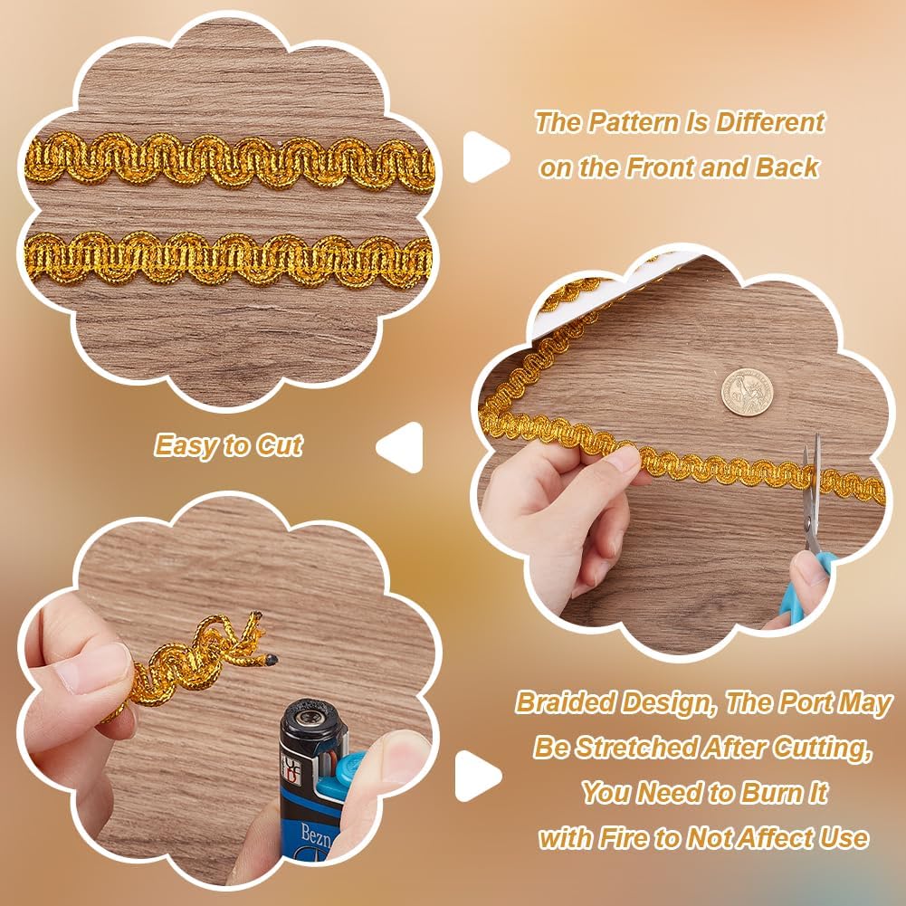PH PandaHall 13.5 Yards/12m Golden Gimp Braid Trim, 0.43 inch/11mm Flat Fabric Decorative Trim Metallic Scroll Braid Ribbon Filigree Curved Lace Ribbon for Sewing Upholstery Curtain Costume