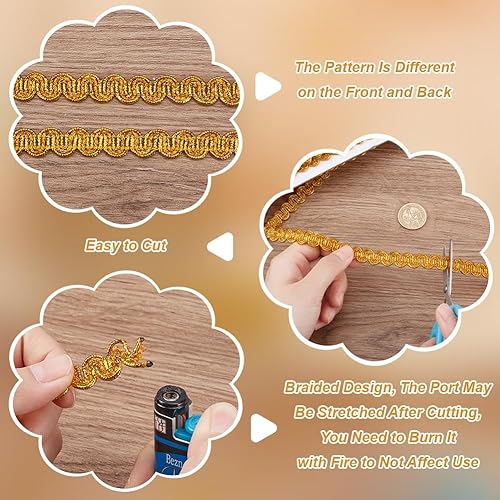 Miniatura 4 de PH PandaHall 13.5 yardas39.4 ft dorado Gimp Trenza, 0.43 pulgadas0.433 in de tela plana decorativa de rollo metálico cinta trenzada cinta de