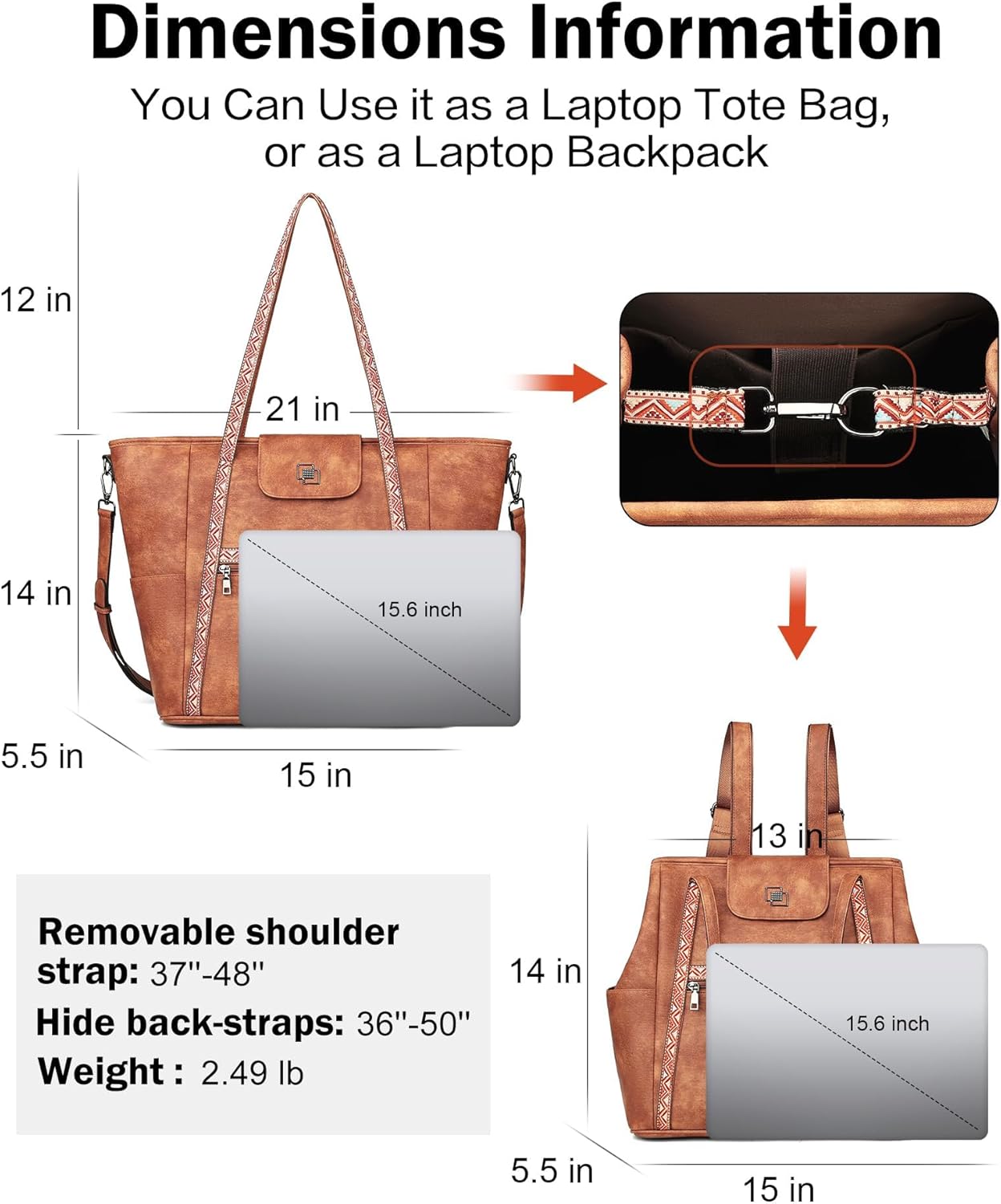 FADEON Large Laptop Tote Bag for Women Designer Leather Laptop Bag Fashion Travel Backpack Purse Shoulder Handbag - Image 4