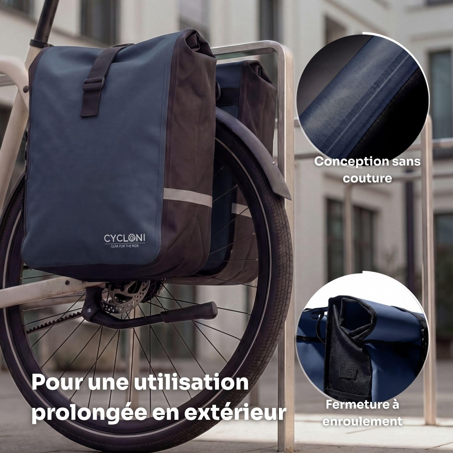 Glide Double Sacoche Vélo 48L - Noir | Porte-bagage arrière étanche | Imperméable rolltop pour vélo électrique
