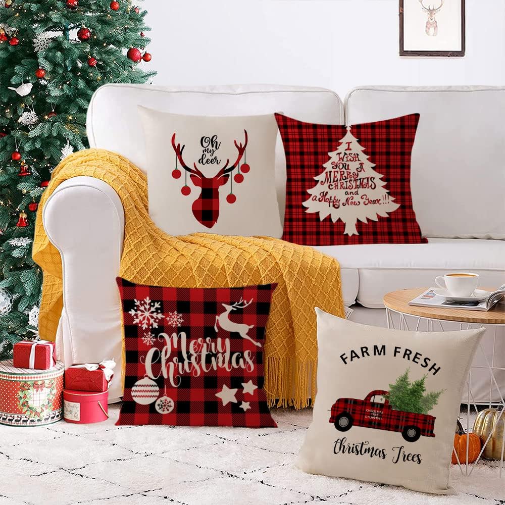 Set Of 4 Christmas Decorative Throw Pillow Covers Christmas Holiday Xmas Square Linen Cushion Covers Merry Christmas Trees Red Truck Snowflakes Deer Outdoor Couch Sofa Home Pillow Cases 24x24 Inch
