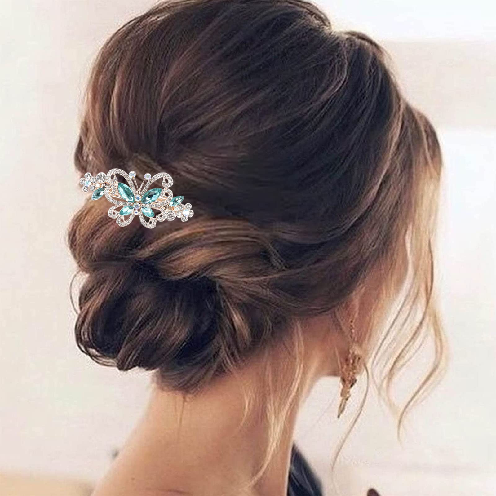 AtentuyiButterfly Gold Butterfly Rhinestone Barrette Hair Gems Crystal Hair Clips Bridal Accessories Hair Decorative Wedding Headpieces for Women and Girls (Blue)