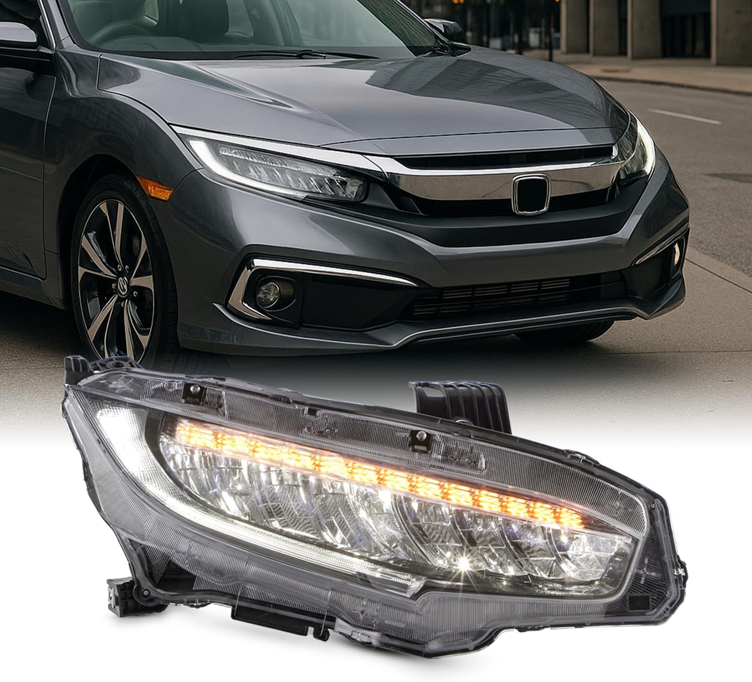 AKKON - Fit 2016 2017 2018 2019 2020 2021 Honda Civic 16-21 Touring | Sport Touring | Si | Type R [Full LED] w/DRL Headlight Headlamp OE Style Chrome Passenger Right Assembly