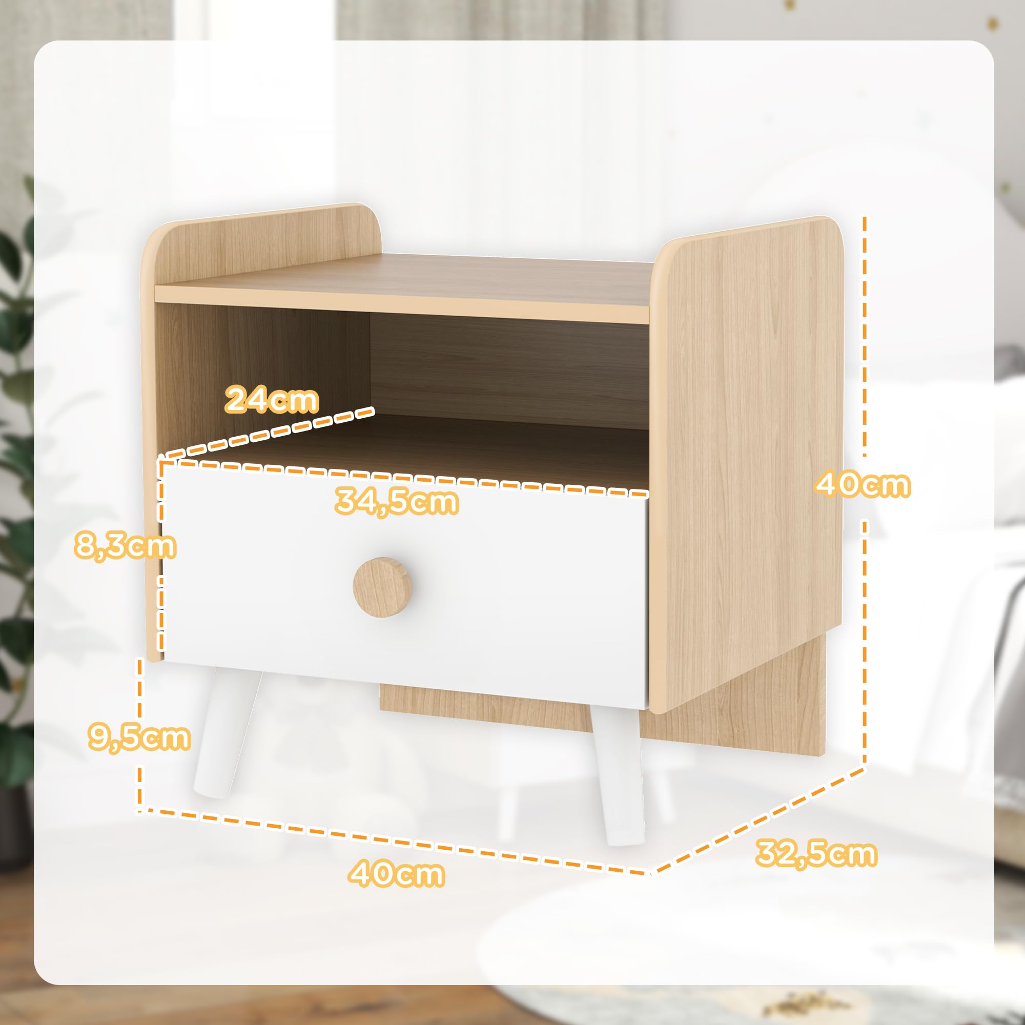 AIYAPLAY Table de Chevet Enfant Table de Nuit Enfant avec tiroir et Niche, Petite Table d'appoint en Bois pour Chambre d'enfant, 40L x 32,5l x 40H cm, Blanc