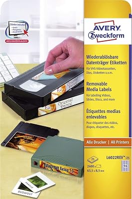 Avery Zweckform l6022rev Lot de 25 étiquettes pour Data Cartridges (A4, 2400, 63,5 x 8,5 mm) 25 feuilles Blanc