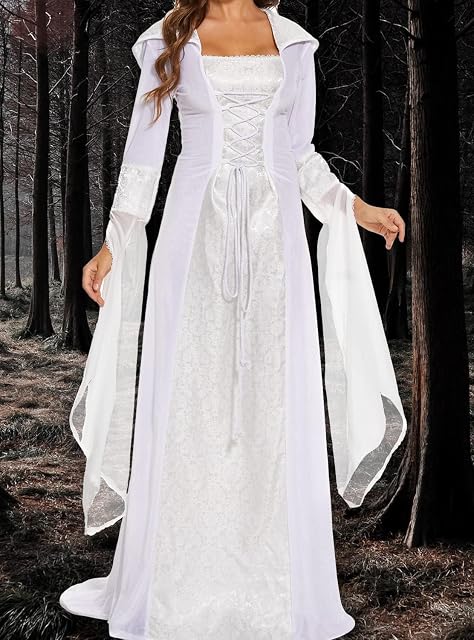 Foto 3 de 7 de Disfraz de Halloween para mujer, estilo medieval, renacentista, con capucha, vestido gótico