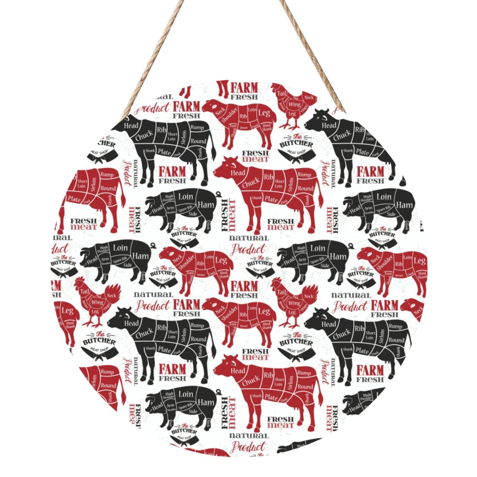 InOmak Meat Cuts Diagrams Butcher Shop, Round Wood Panel Painting 12 in, Wall Hanging Painting For Home