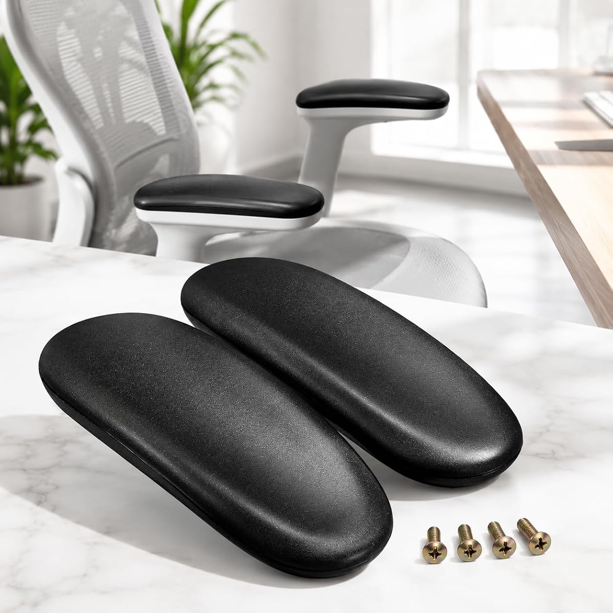 Office Chair ArmRest Replacement, Universal 4" Hole Spacing, 1 Pair, Black | Soft Polyurethane Surface for Comfortable Arm Support; Includes 4 Mounting Screws and Installs Easily on Desk Chairs