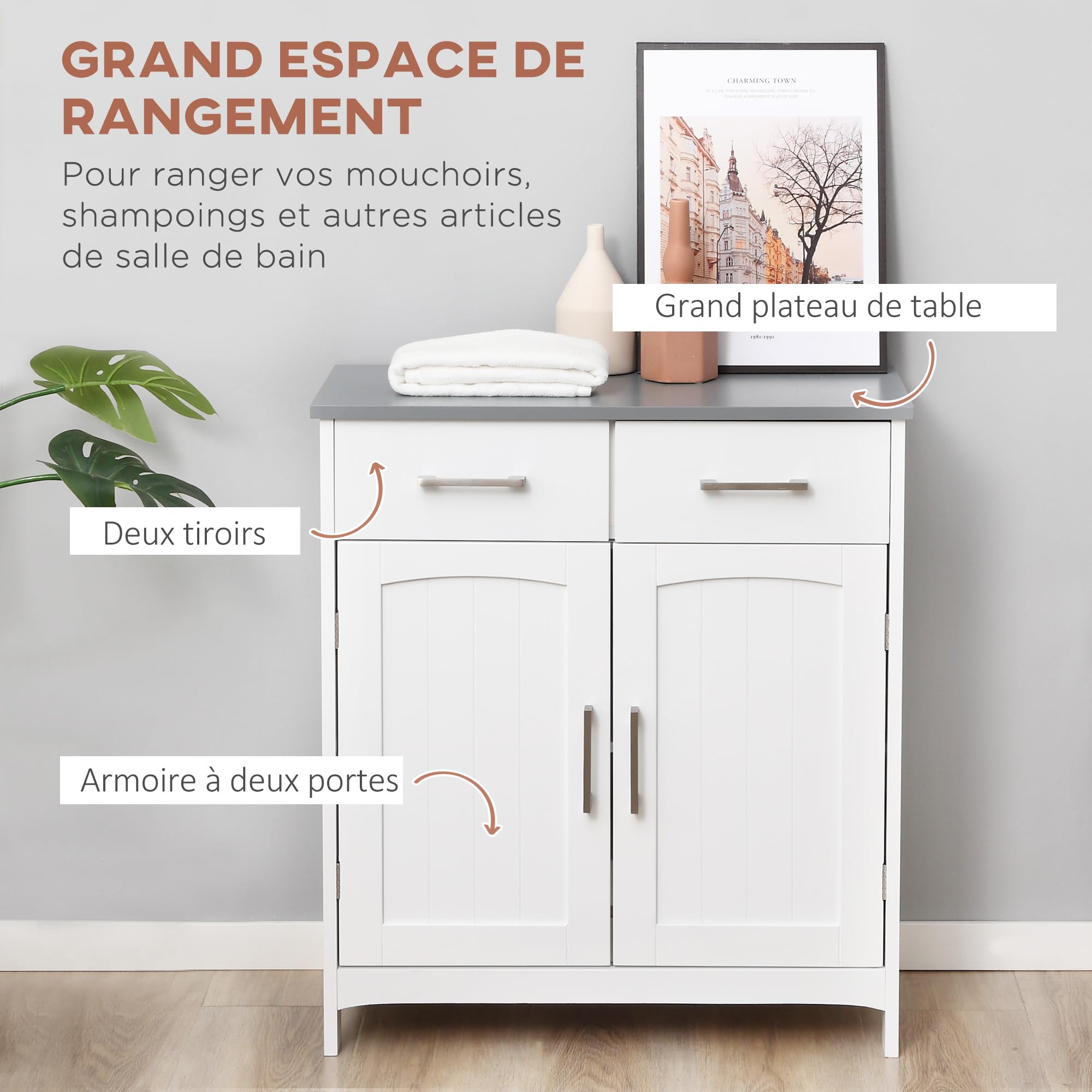 Armoire Salle De Bain Blanche Avec étagères Réglables - Meuble Rangement 60x30x80 Cm - Design Moderne, Portes à Panneaux, Pieds Réglables - 13