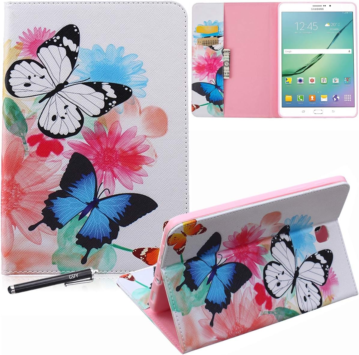 Galaxy Tab S2 8.0 Case - Newshine PU Leather Stand Folio Case Cover with Card Slots, Note Holder for Samsung Galaxy Tab S2 Tablet (8.0 Inch, SM-T710 T715) - Butterflies