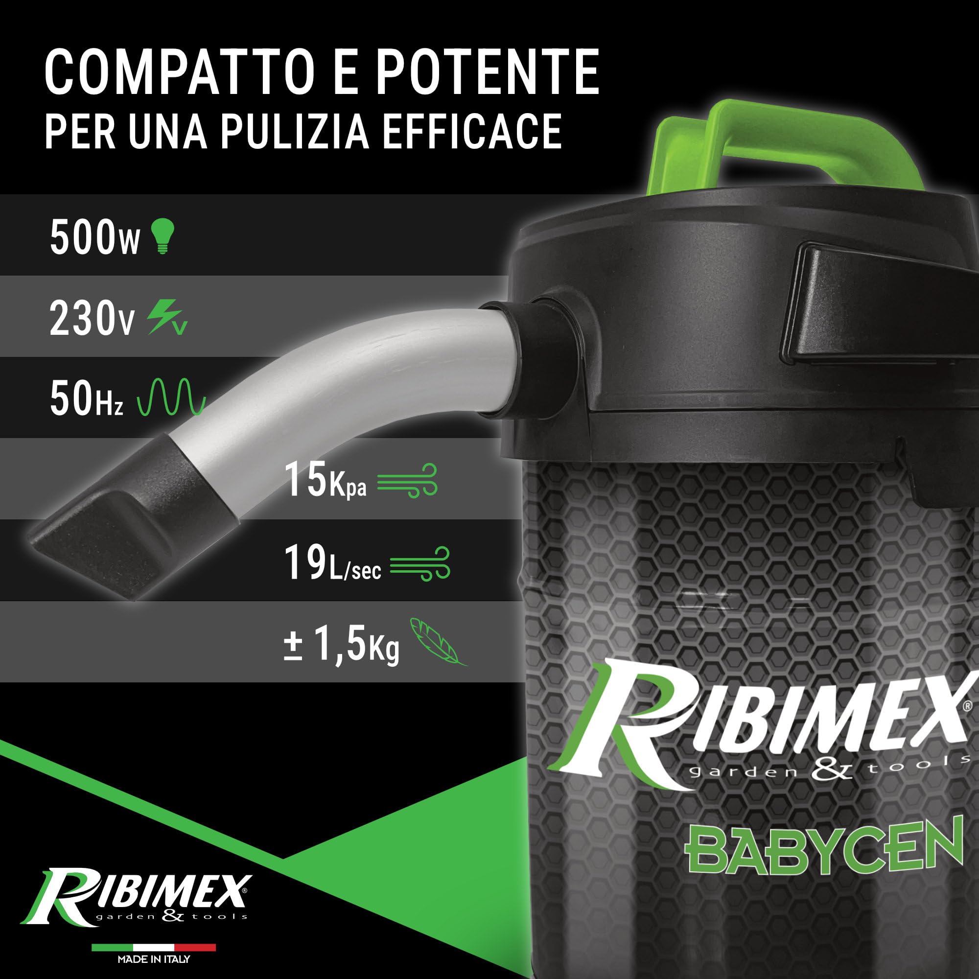 Ribimex Aspiracenere Elettrico Babycen, con Filtro HEPA Lavabile, Bidone da 4 L Compatto e Leggero, Potenza 500 W, Ideale per Aspirare Ceneri Fredde da Stufe a Pellet - PRCEN018