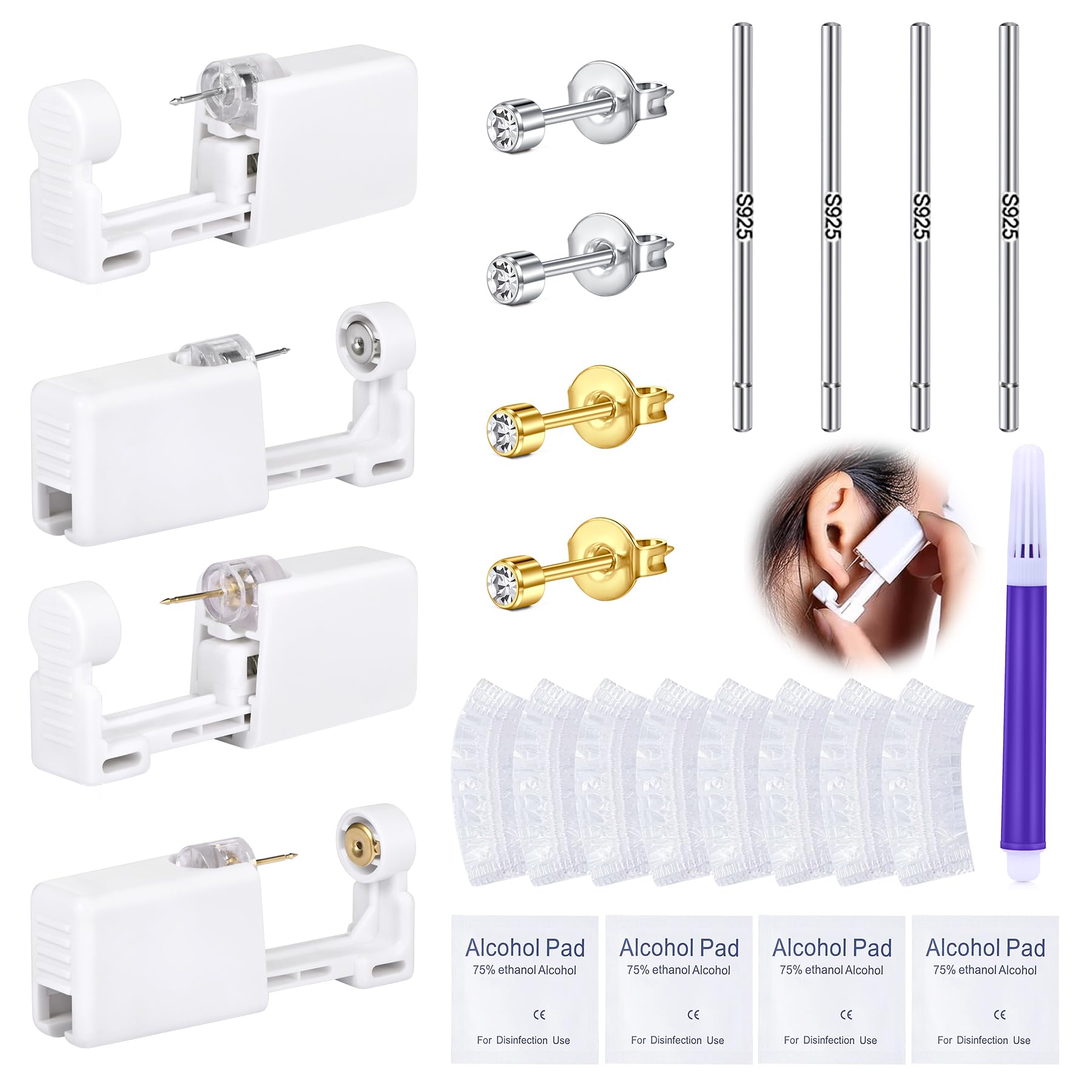 DJCIW 21PCS Ear Piercing Kit,Disposable Ear Piercing Gun Kit with 4 Pcs Self Piercing Gun and Bult-in in Stainless Steel Silver Gold Ear Stud 5mm CZ,
