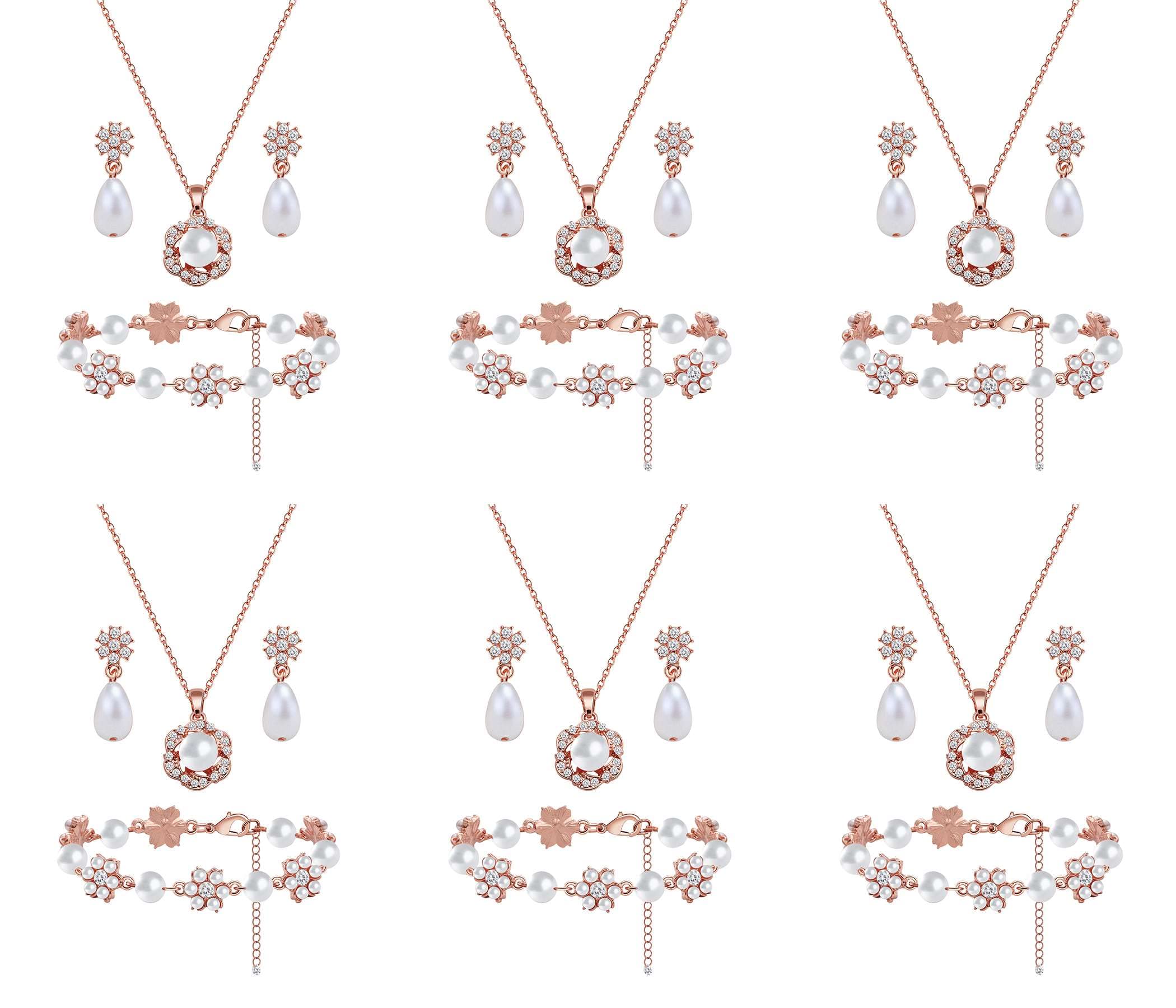 Bridesmaid Jewelry Set for Women 18K Gold & Silver & Rose Gold Plated Flower Pendant with Pearl Necklace Earrings Bracelet Set,Bridesmaid Gift for